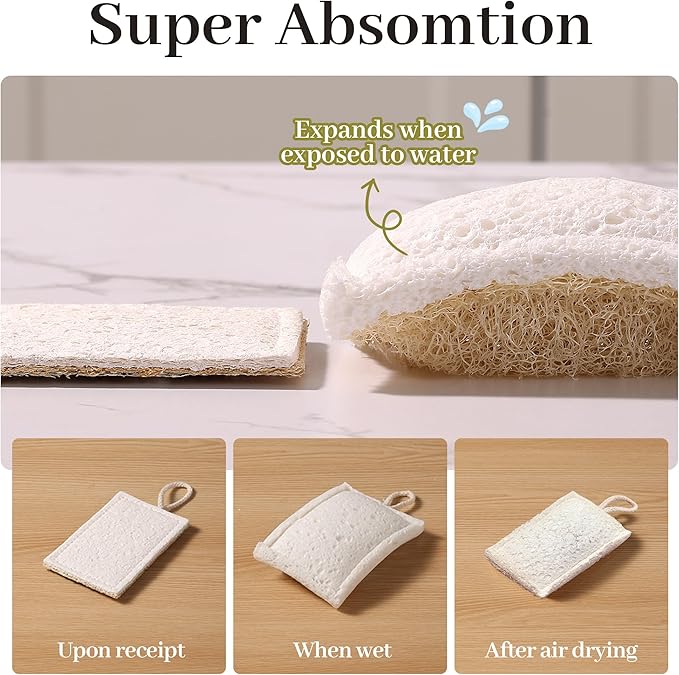 JOYMOOP Compressed Cellulose & Loofah Scrubbers, Non-Scratch Scrub Sponge, Kitchen Sponges for Dishes, 6-Pack, Dual-Sided Dish Sponge for Nonstick Cookware & All Surfaces