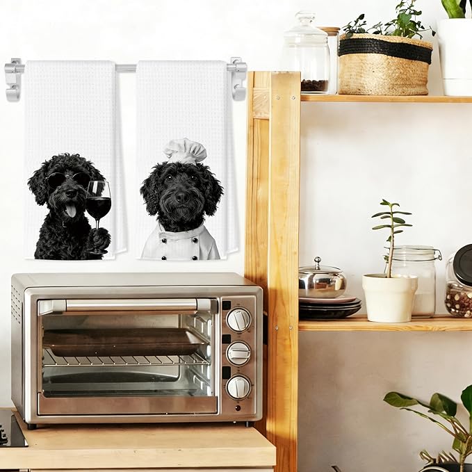 Funny Portuguese Water Dog Kitchen Towels Set of 2, Dog Kitchen Bar Accessories, Chef Gifts for Women Decorative Hand Towels for Kitchen Decor, Dogs Lovers Dish Tea Towel, 16x24 Inch