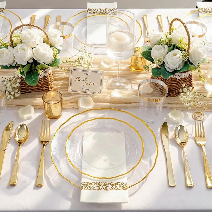 LIYH 350 Pcs Clear Plastic Plates for Wedding Reception Plastic Plates for Party 100 Disposable Plate 150 Gold Plastic Silverware 50 Gold Cups 50 Napkins Perfect for Wedding Birthday (50 Guest)