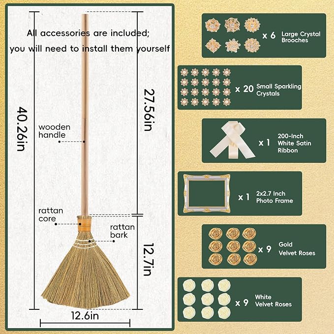 Jumping the Broom - 40 Inch Handmade Wedding Broom with Natural Broom Corn, Velvet Roses & Crystals, DIY Kit for African American Wedding Ceremony (White & Gold, Gift Box Included)