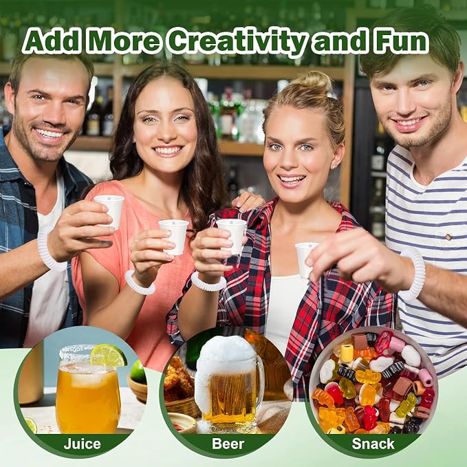 30 Pcs White Shot Cups with Wristband for Party 2oz Plastic Shot Glasses Bulk Disposable Mini Shot Glasses with Bracelet Wear On Solo Cups for Wedding Graduation Party Beer Taste Serving Birthday