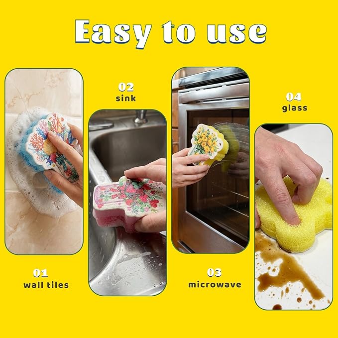 Bulimumu 3-Layer Floral Vase Dish Sponge (6 Pack) - Swedish Dishcloth Top + Soft Sponge Middle + Smart Temperature-Sensing Scrubber - Dual-Action Non-Scratch Kitchen Cleaning