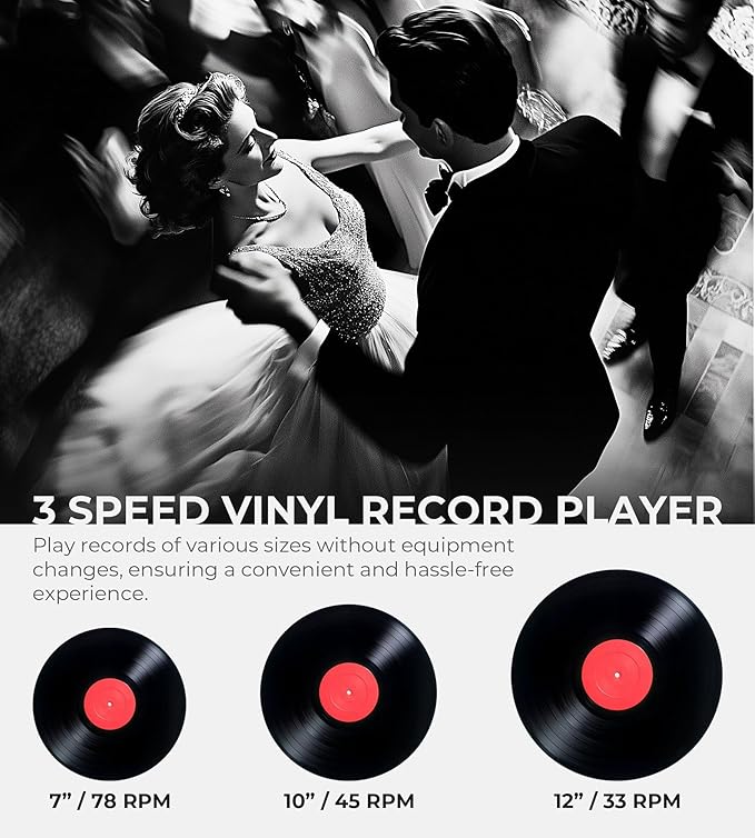 Vangoa Vinyl Record Player with External Speakers, 3 Speed Belt-Drive Turntable for Vinyl Records, Portable Bluetooth LP Players, Walnut Wood Vintage Record Player for 33/45/78 RPM, Auto Stop