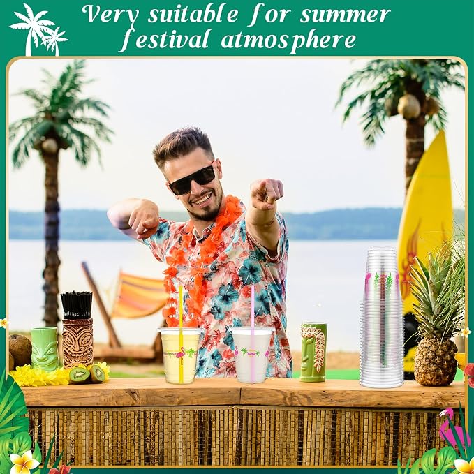 Blushtier 100 Sets 12 oz Clear Disposable Luau Cups with Lids & Straws, Flamingo Disposable Plastic Tropical Beverage Cups for Summer Tiki Party Supplies Birthday Bachelorette Drinkware Decorations