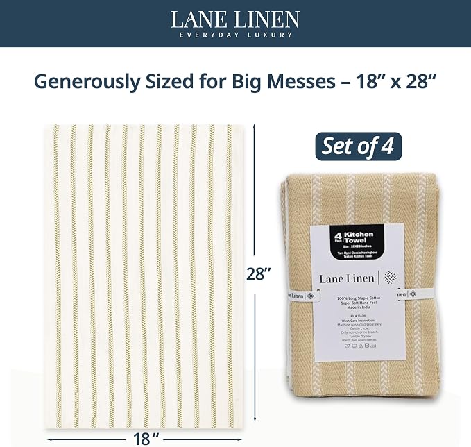 LANE LINEN Kitchen Towels Set of 4-18”x28” Absorbent Cotton Dish Towels, Quick-Drying Hand & Tea Towels for Kitchen, Light Tan