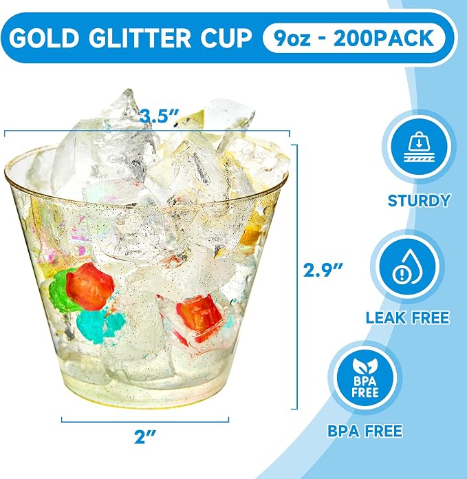 RACETOP 9 oz 200 Pack Gold Glitter Plastic Cups, Disposable Gold Glitter Clear Plastic Cups for Parties, Gatherings, Weddings, and Festival Events