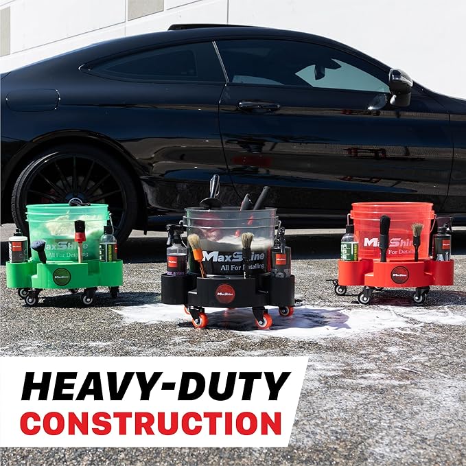 Maxshine Universal Rolling Bucket Dolly (Green) – Heavy-Duty, 5 Wheels with 2 Locks, Tool Organizer – 360° Mobility for Car Wash Supplies & Auto Detailing Organization