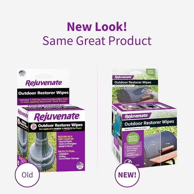 Rejuvenate Outdoor Restorer Wipes, 5 Count, Individually-Wrapped Pre-Saturated Microfiber Wipes Restore Faded and Weathered Surfaces Such As Patio Furniture, Shutters, Siding, And More, 12 Pack