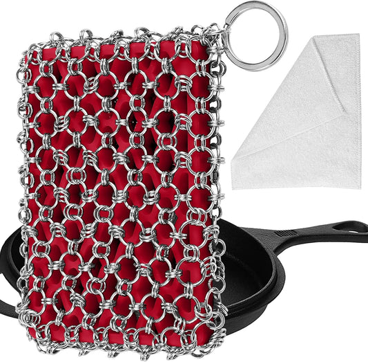 Herda 316L Cast Iron Scrubber Cleaner, Large Cast Iron Chain Mail Scrubber - Chainmail Scrubber Sponge - Metal Skillet Scrubbing, Wok, Dutch Oven Cleaning Kit