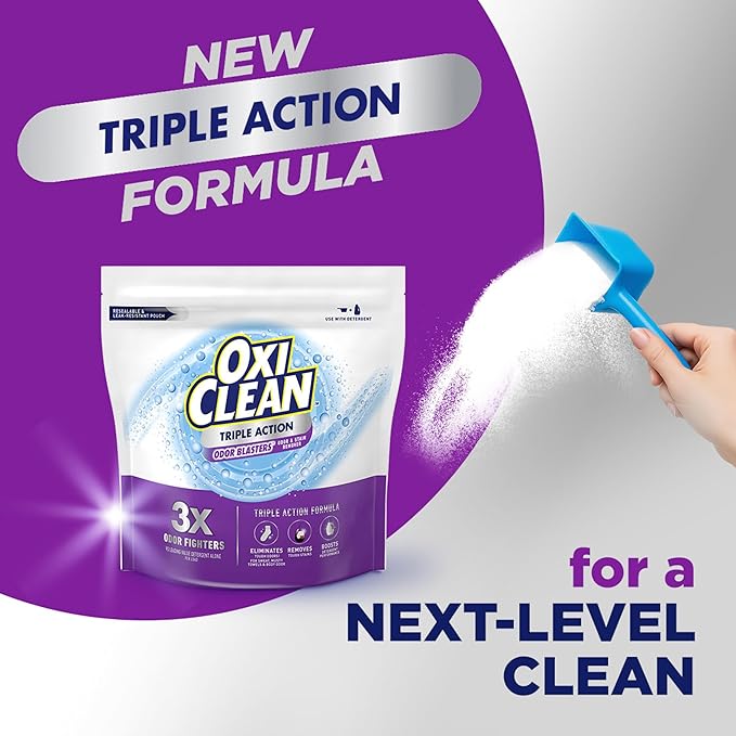 OxiClean Triple Action Odor and Stain Remover Powder, Use with Detergent, Eliminates Tough Odors and Removes Stains, Color Safe and Chlorine Free, 4 lbs (Pack of 2)