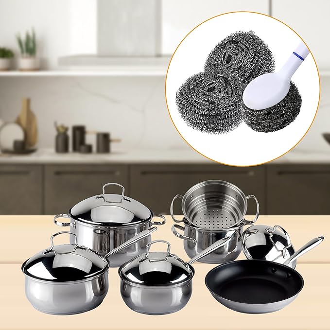Kitchen Cleaning kit, 3 Pairs Reusable Waterproof Household Dishwashing Cleaning Gloves, 6 PCS Steel Wool Scrubbers with Handle, 5 PCS Crevice Cleaning Brush Set.