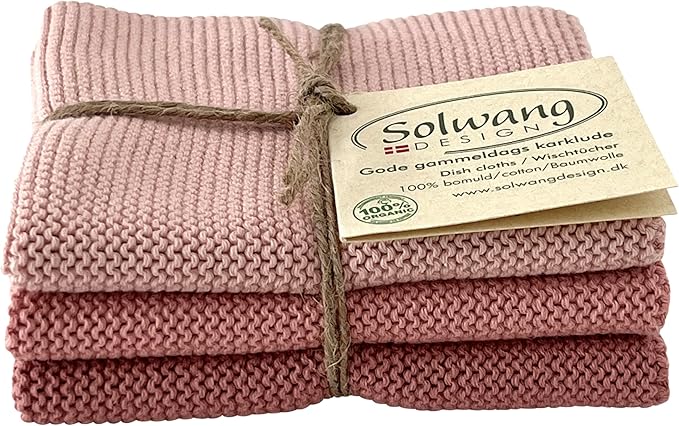 Solwang 3-Piece Danish Cotton Dishcloths in 100% Certified Organic Cotton Made in India (Smoky Rose Organic Combi)