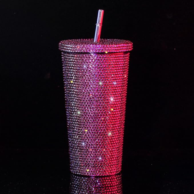 Mimorou Studded Bling Diamond Tumbler Glitter Water Bottle with Lid Stainless Steel Vacuum Thermal Straw Rhinestone Tumbler with 1 Pcs Cup Brush 6 Pcs Straw Brushes for Women(16.9 oz,Pink)