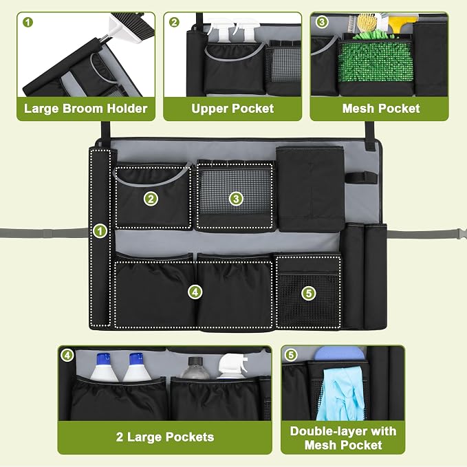 HODRANT 32-55 Gallon Trash Can Caddy Bag, Garbage Bin Apron Caddy with Multiple Pockets for Cleaning Supplies, Cleaning Tool Organizer with Adjustable Buckle for Janitorial Trash Can, Black+Gray
