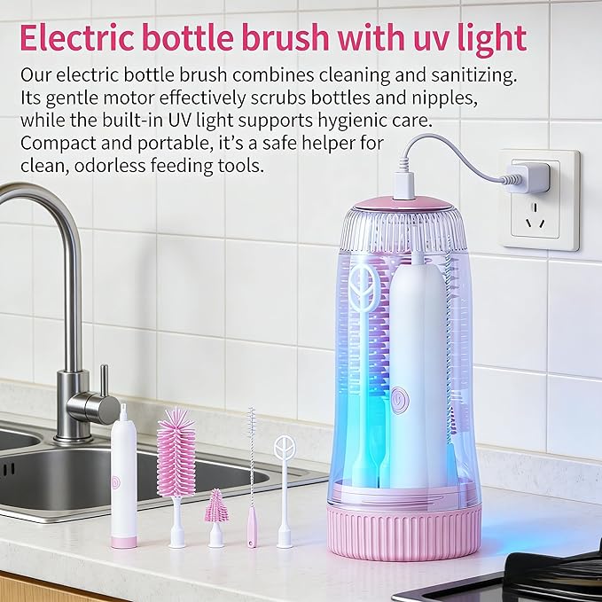 Portable Electric Silicone Bottle Brush Set, 7-in-1 UV LIGHT USB Charging, Nipple/Straw Cleaner, Milk Mixer, Built-in Drying Rack & Storage Case, BPA-Free, IPX7, On-the-Go for New Parents (Blush)