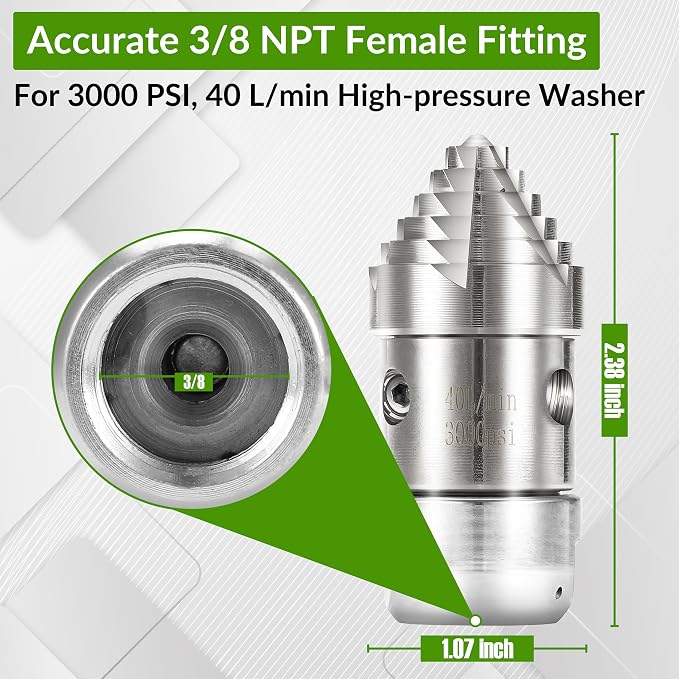 3/8" Sewer Jetter Nozzle for Pressure Washer, 360° Rotating Strong Shot Nozzle for Pipe Cleaning, Stainless Steel Jetter Drain Cleaner, 3000 PSI, 40 L/min, 3/8" NPT Female Thread