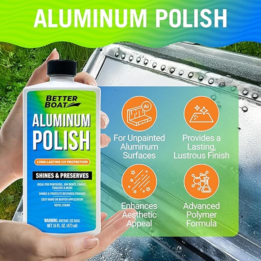Marine Aluminum Polish, Boat, Pontoon, Jon, and Canoe, Aluminum Restorer, Brightener Cleaner Treatment, Semi-Chrome Metal Protectant