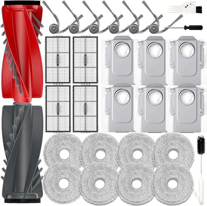 SAROS 20 Accessories for Roborock SAROS 10R/Qrevo CurvX/SAROS 20/Curv 2 Pro /Curv 2 Prox, SAROS 10R Replacement Parts: 2 Roller Brushes, 6 Side Brushes, 8 Mop Pads, 4 HEPA Filters, 6 Dust Bags+Tools