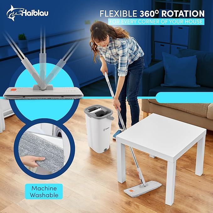 Flat Mop & Bucket Wringer Set with Self-Squeeze Mini Mop, Portable Handheld Wet/Dry Cleaner with Microfiber Pads, Flat Mop and Bucket System