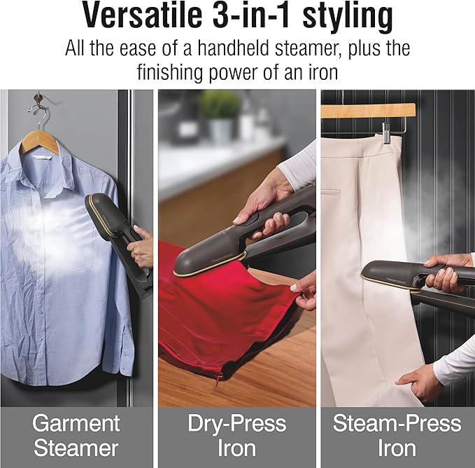 CHI SteamPress 3-in-1 Handheld Garment Steamer & Press Iron for Clothes, Titanium Ceramic Soleplates, 9 Minutes Steaming, 25 Second Fast Heatup, 10’ Cord, Black