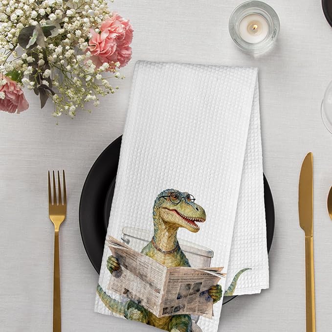 Funny Dinosaur Dino Hand Towels Set of 2 for Washroom Decor, Dino Dinosaurs Gifts Decorative Hand Towels for Boys Kids, Dinosaur Bathroom Decor, Dinosaurs Themed Dish Tea Towel, 16x24 Inch