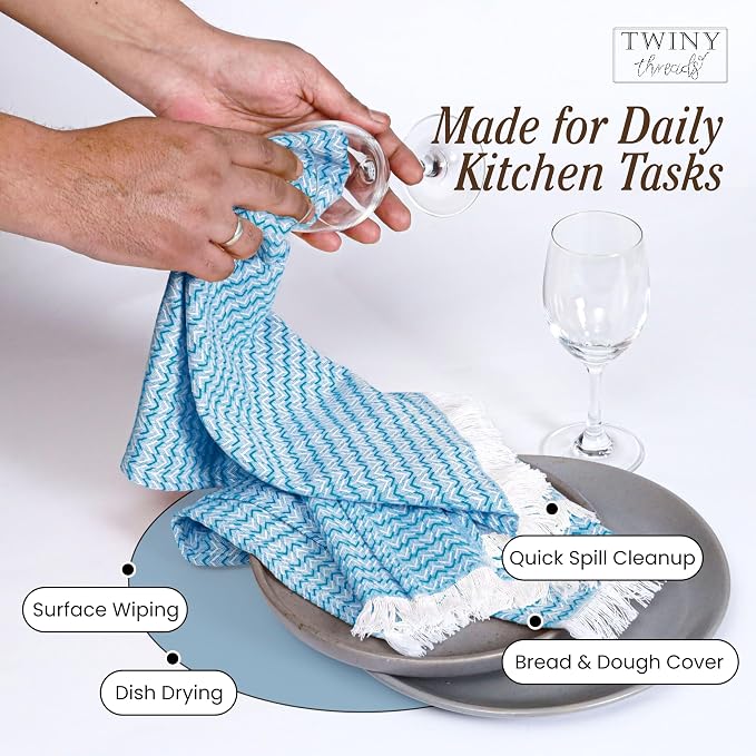 TWINY threads Kitchen Dish Towel Chevron Weave, Large Premium 100% Cotton Kitchen Linen Set, Absorbent Dish Rags for Drying Dishes, Quick Drying Washable Reusable, 12 Pack, 16x26 Inch, Turquiose Blue