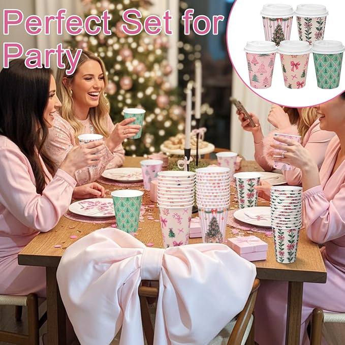 Gerrii 100 Set Christmas Paper Cups Disposable 12 oz with Lids Hot Chocolate Coffee Cups for Hot and Cold Drinks Tea Water Bar Supplies Holiday Winter Season (Pink Bow)