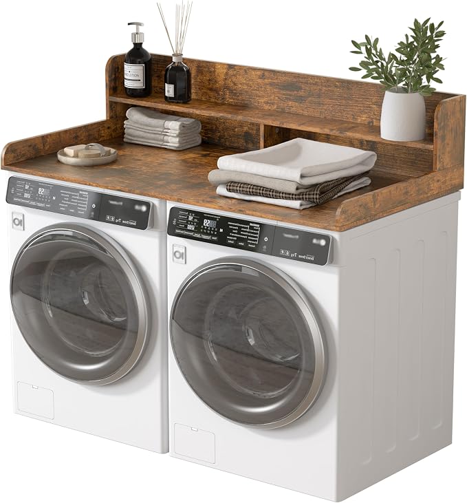 Piskyet Washer Dryer Countertop,2- Tier Laundry Countertop with Edge Rails,27.5" Depth x 54" Wood Countertop,Laundry Machine Topper for Laundry Room Organization and Storage(Rustic Brown)