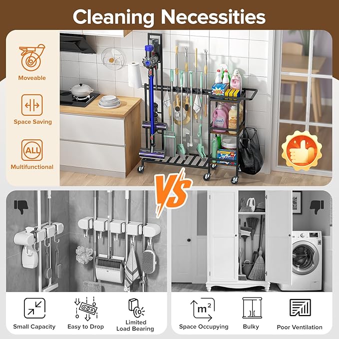 Housolution Cleaning Utility Cart on Wheels, Multifunctional Cleaning Tools Supplies Organizer with Broom and Mop Holder, Vacuum Stand Compatible with Dyson, Rolling Storage Cart for Home