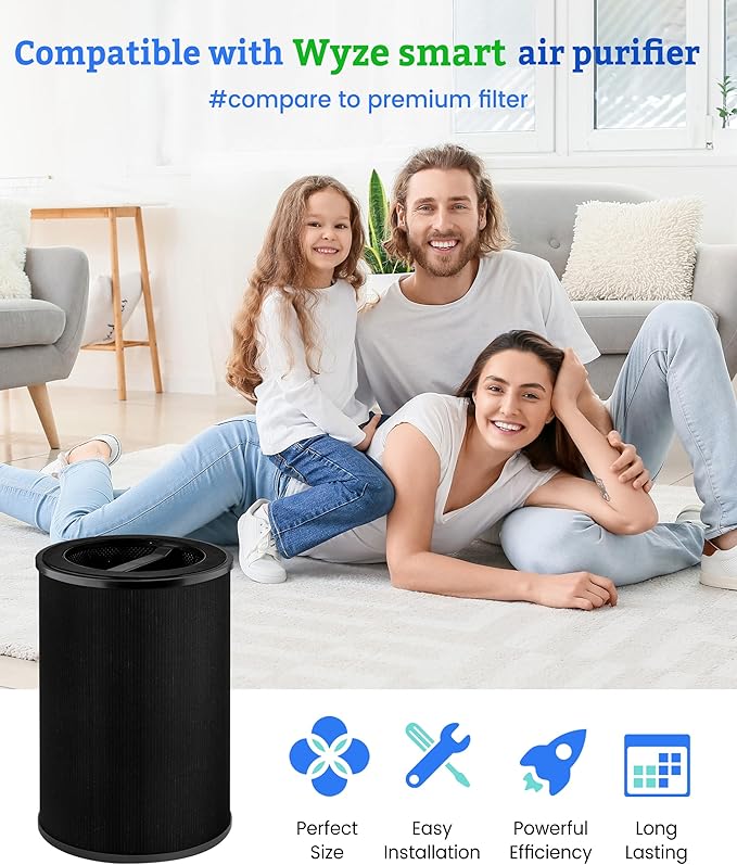 Replacement Filter Compatible with Wyze Smart Air Purifier Premium Filter, for Wildfire VOCs, 3-Stage Filtration with Activated Carbon, 2 Counts