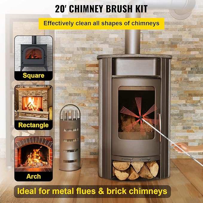 VEVOR Chimney Sweep Kit 20FT Length, Chimney Brush Kit with 6 Nylon Flexible Rods, Rotary Chimney Cleaning Kit Driven by Drill, Chimney Cleaning Tool Kits for Sweeping Fireplace Flue