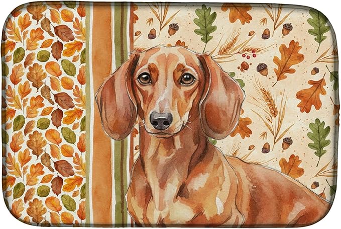 Caroline's Treasures Red Brown Dachshund Heirloom Fall Dish Drying Mat Absorbent Dish Drying Mat Pad for Kitchen Counter Dish Drainer Mat for Countertop, 14 x 21", Multicolor
