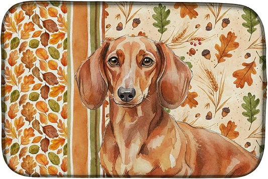 Caroline's Treasures Red Brown Dachshund Heirloom Fall Dish Drying Mat Absorbent Dish Drying Mat Pad for Kitchen Counter Dish Drainer Mat for Countertop, 14 x 21", Multicolor