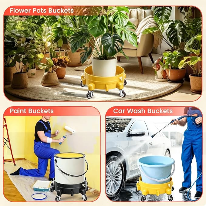 Heavy-Duty Bucket Dolly with Wheels, 5 Gallon Bucket Roller with Locking Casters & Secure Clamp, Rolling Bucket Cart for Cleaning, Gardening, Industrial Use, Max Load 300 Lbs (Yellow)