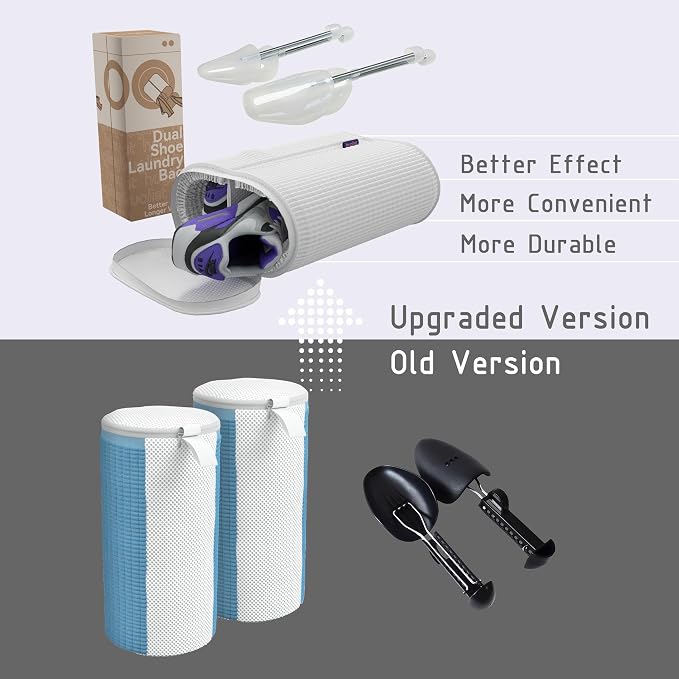Shoe Washing Machine Bag - Shoe Bag for Washing with Adjustable Shoe Trees, Laundry Shoe Bag for 2 Shoes, Fluffy Fiber, Wrap-around Cleaning in washer and dryer, Durable Zipper, White