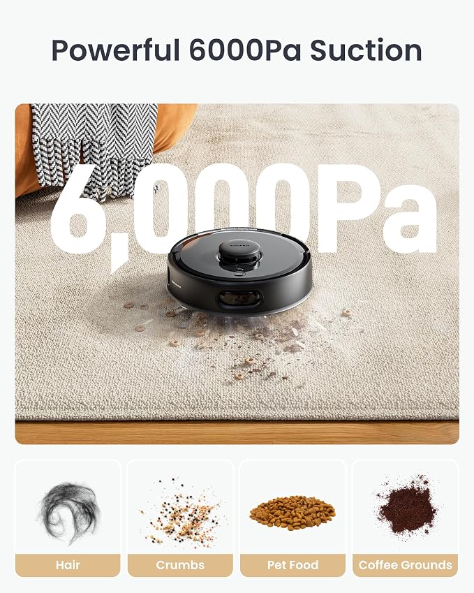 SwitchBot K11+ Robot Vacuum & Mop with Matter, 6000Pa Suction, 90-Day Hands-Free Self-Emptying, LDS Navigation, 3.6″ Ultra-Slim, Anti-Tangle for Pet Hair, Works with Alexa, Google Home, Apple Home
