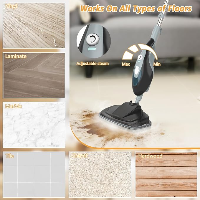 12 in 1 Steam Mop, Handheld Steam Cleaner with 2 Washable Pads, Floor Steamer for Hardwood and Tile, Multipurpose Floor Cleaner Machine for Carpets, Furniture, Windows, Black and Grey