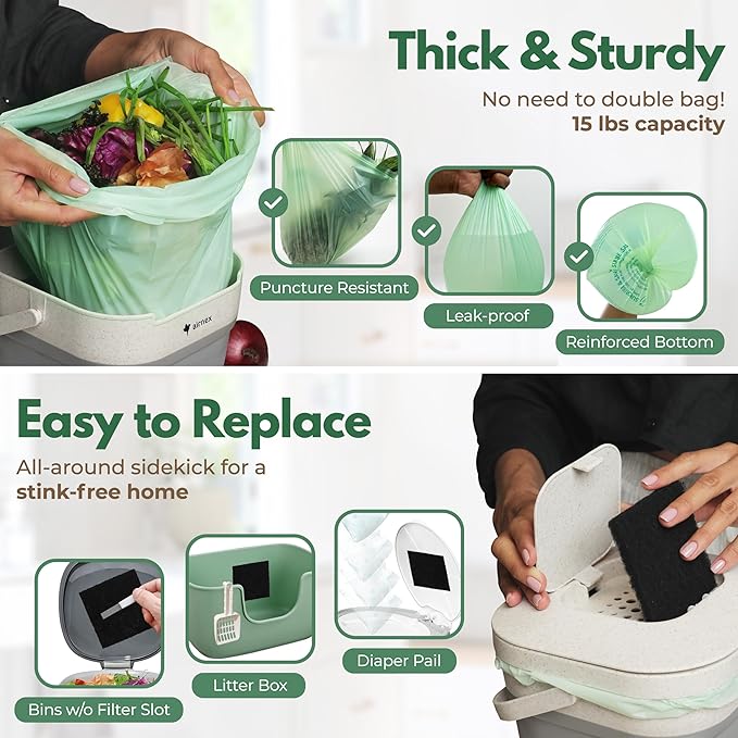 AIRNEX Collapsible Food Waste Bin with Lid - 1 Gallon Food Waste Caddy for Kitchen Made of Wheat Straw - Odor Free Compost Bin with 20 Pcs Compostable Trash Bags and 14 Pcs Carbon Filters