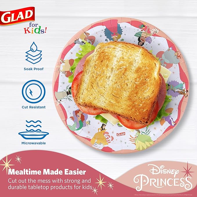 Glad for Kids Disney Princess Disposable Paper Plates, Magic is in All of Us Design - Heavy Duty, Soak-Proof, Microwavable Kid-Friendly Plates for Everyday Meals, 8.5 inch, 24 Count