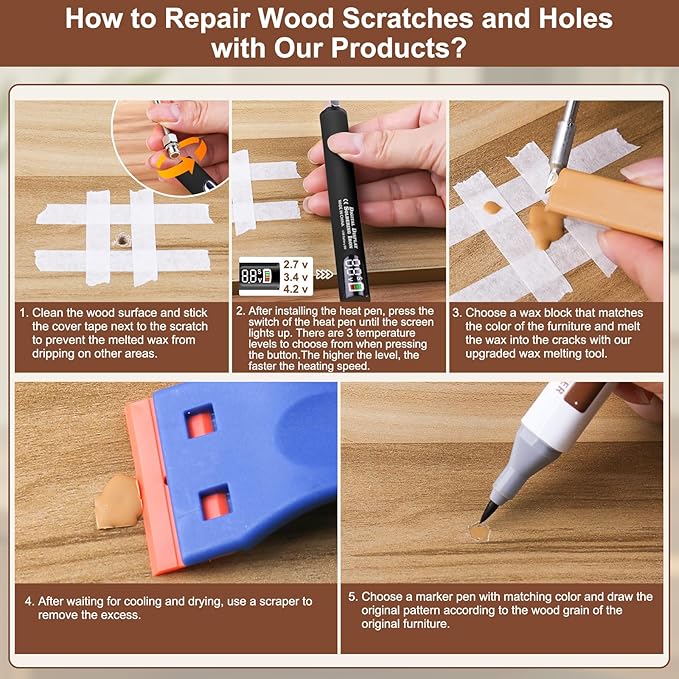 Vinyl Floor Repair Kit with Upgraded Heat Pen - 11 Colors Hardwood Wax 8 Colors Dual Tip Furniture Touch Up Markers, Laminate Flooring Scratch Repair Kit Covers Wooden Scratches, Cracks, Holes