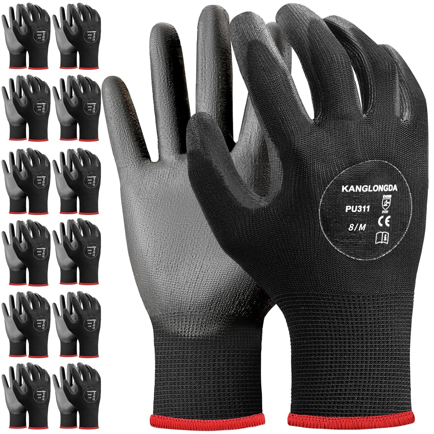 Kebada Safety Work Gloves, 12 Pairs Work Gloves with Grip, PU Coated Grip Gloves for Warehouse, Construction, Gardening and Mechanics, Black, Medium