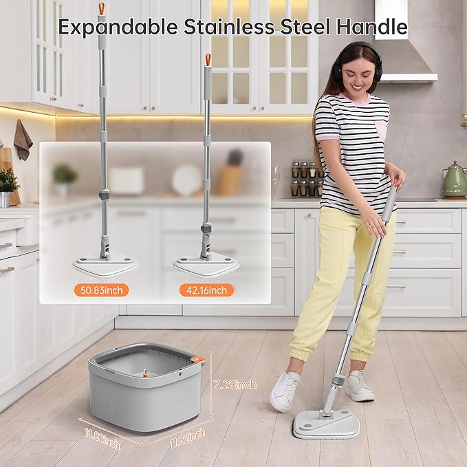 KZKR Spin Square mop and Bucket System with Wringer Set for Home with 10 Mop Pads (Grey,White)