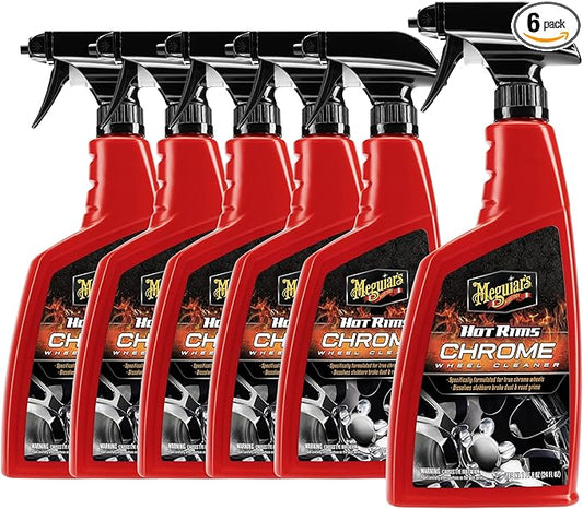 Meguiar's Hot Rims Chrome Wheel Cleaner 6 Pack, 24 oz Spray Bottles (6 x 24 oz = 144 oz Total) Xtreme Cling foaming gel removes brake dust and road grime from true chrome wheels for mirror-like shine
