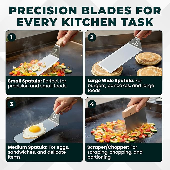 Griddle Spatula Set of 4 – Heavy Duty Stainless Steel Grill Spatula - Smash Burger Turner with Heat-Resistant Wooden Handle, Wide Beveled Edge Metal Spatulas for Flat Top, Cast Iron & BBQ