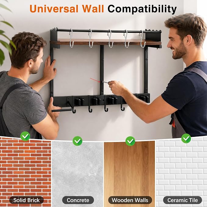 Broom Holder Wall Mount, Heavy Duty Broom and Mop Organizer Wall Hanging with Vacuum Stand, 5 Grippers & 10 Hooks, Utility Racks with Wood Shelf & Guard, Laundry Organization & Storage (S)