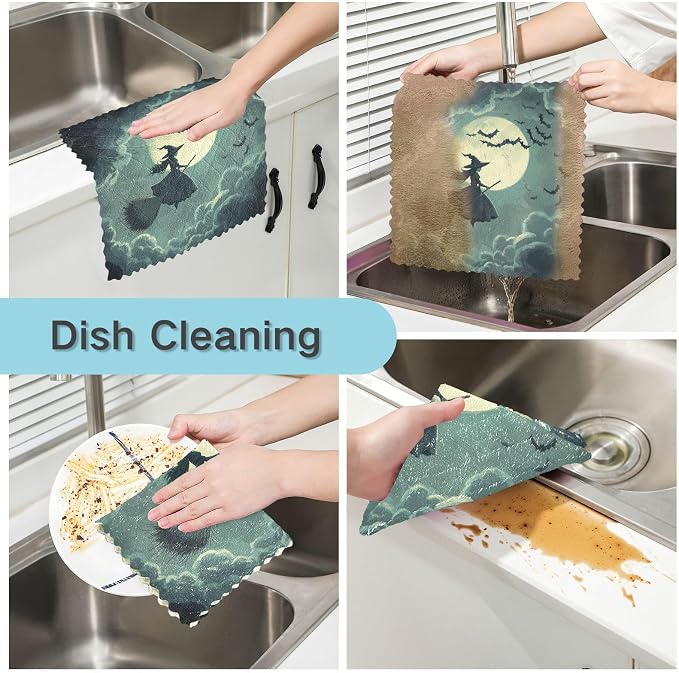 Halloween Witch Bats and Moonlight Kitchen Towels Dish Cloths Set of 6 Microfiber Cleaning Cloths for Cars Super Absorbent Machine