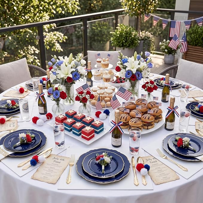 KIRE 210Pcs Navy Blue Plastic Plates - Blue and Gold Plates Disposable - 30guest Baroque Plastic Dinnerware for Upscale Wedding/Parties/4th of July