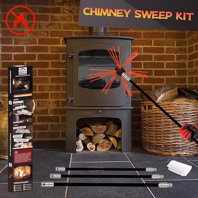 Chimney Sweep Kit 16 Feet, Chimney Cleaning Kit with 5 Black Nylon Flexible Chimney Rods, Rotary Chimney Cleaning System Driven by Drill for Sweeping Fireplace, Chimney Cleaners with Strong Brush