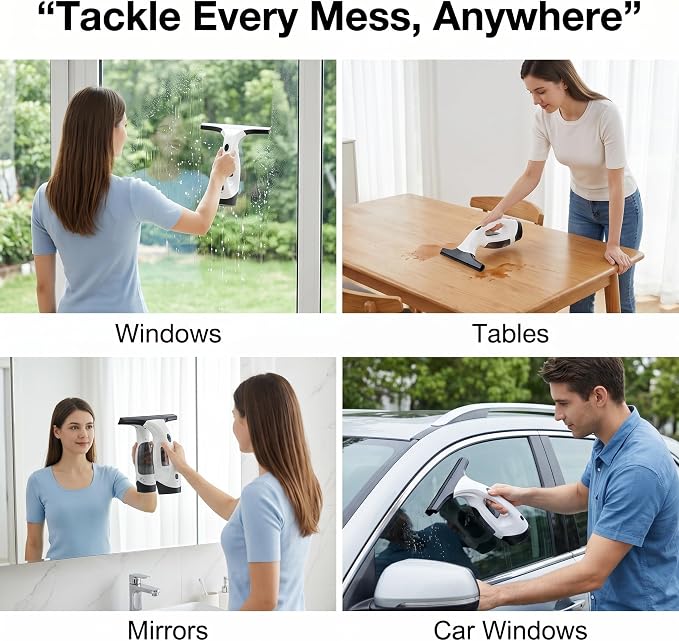 2200mAh Electric Window Cleaner Tool, Window Vacuum Squeegee Cordless, for Efficiently Spraying, Wiping and Vacuuming Windows, Mirrors, Shower Glass, Tiles (US Plug