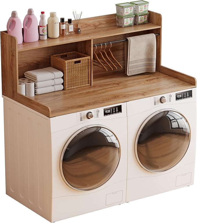 Unionly 2-Tier Washer Dryer Countertop with Clothes Rail，Laundry Topper with Edge and Non-Slip Pad for Washer and Dryer Laundry Hamper Counter Storage Organization (Light Oak Brown, Full)